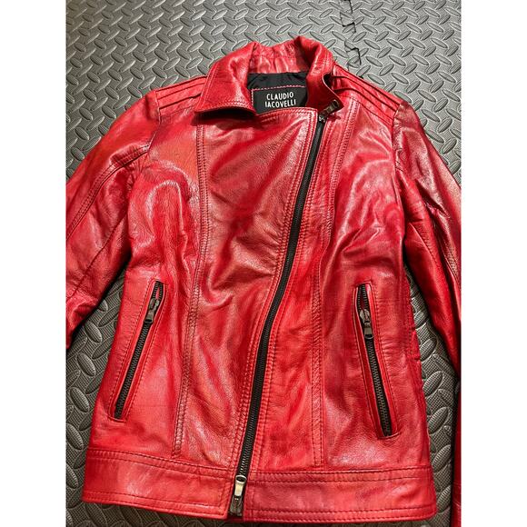 Claudio Iacovelli Italy Red Leather Moto Biker Jacket Y2K Womens 40 IT US XS/S - Picture 2 of 10